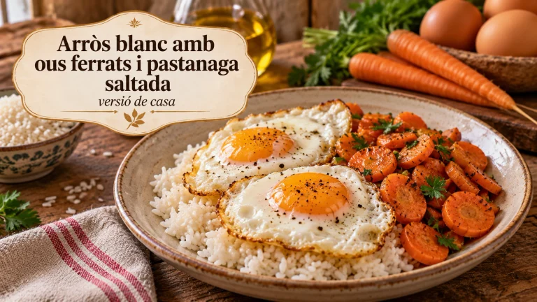 Arròs blanc amb ous ferrats i pastanaga saltada