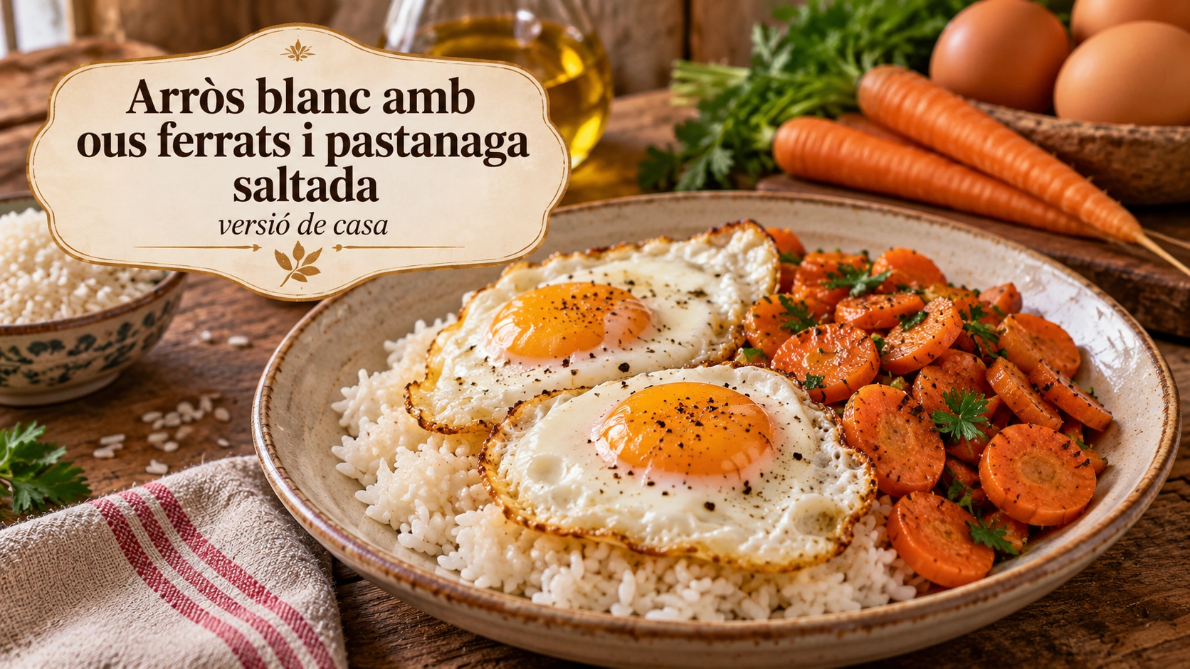 Arròs blanc amb ous ferrats i pastanaga saltada