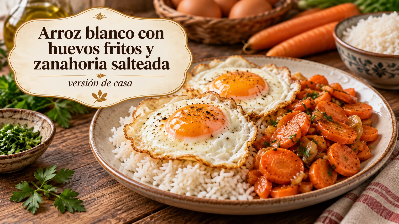 Arroz blanco con huevos fritos y zanahoria salteada