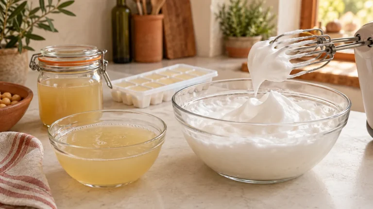 Aquafaba líquida y montada junto a recipientes para conservarla y congelarla