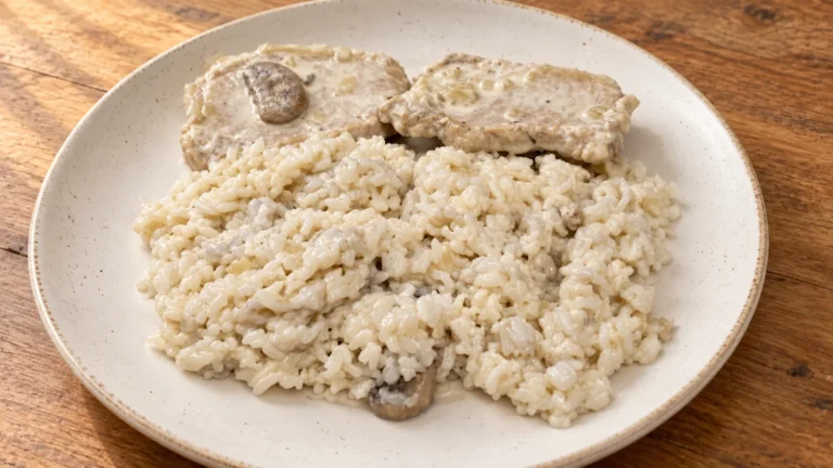 Arròs cremós amb dos trossos de llom de porc i salsa de xampinyons
