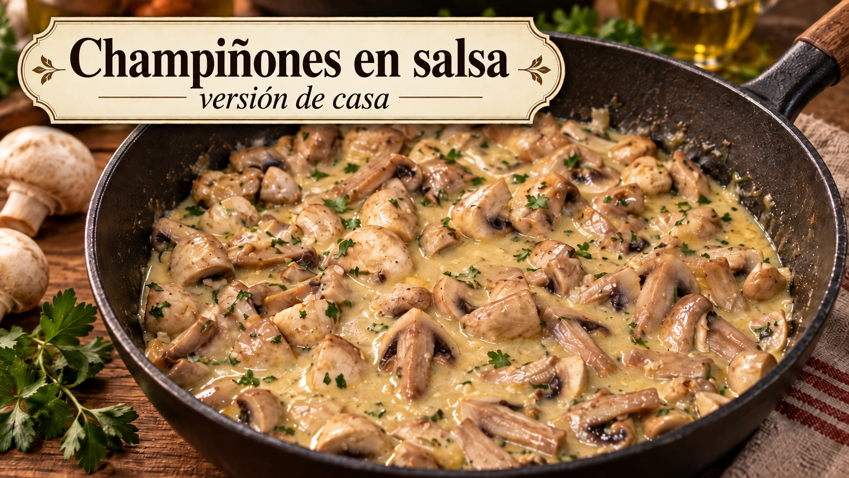 Champiñones en salsa cremosa de piñones, yema y azafrán