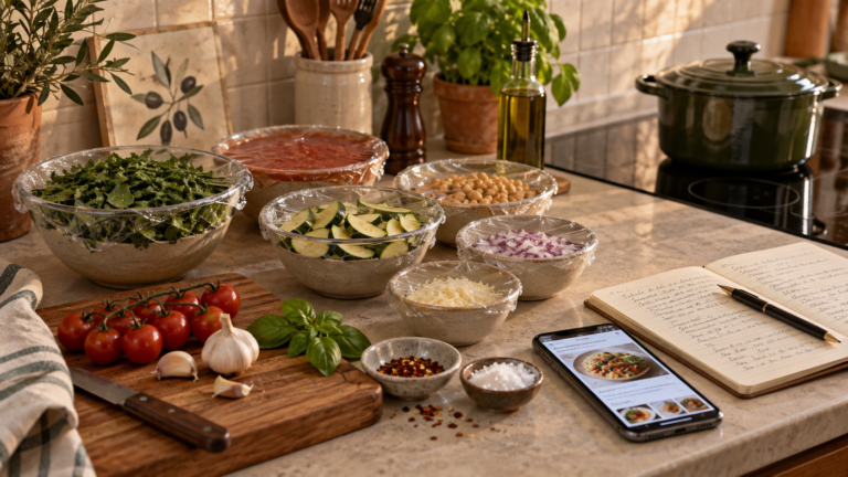 Ingredientes preparados y pesados antes de encender la vitrocerámica.