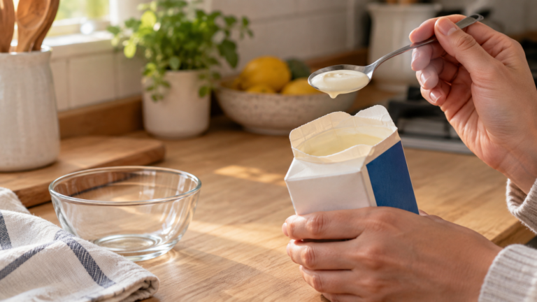 Comprobación visual y de textura de una nata en una cocina doméstica
