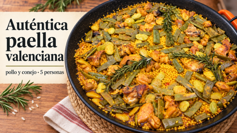 Paella valenciana con pollo, conejo, judía verde plana y garrofón para cinco personas.