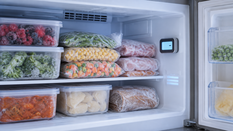 Termómetro digital en un congelador doméstico con alimentos congelados
