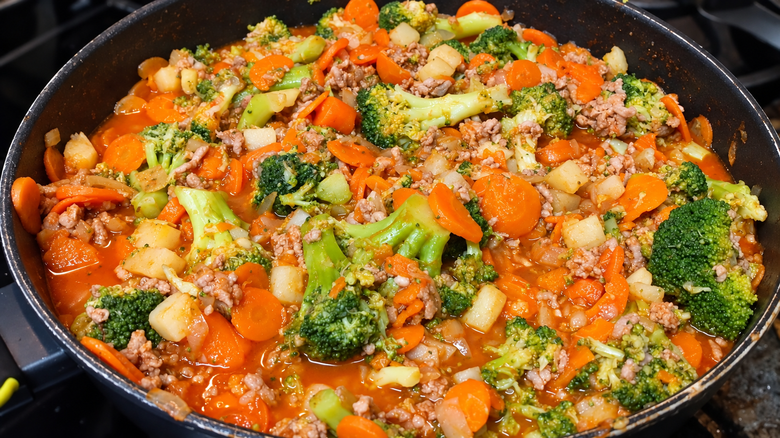 Brócoli, zanahoria, patata y carne picada con salsa de tomate abundante en una sartén.