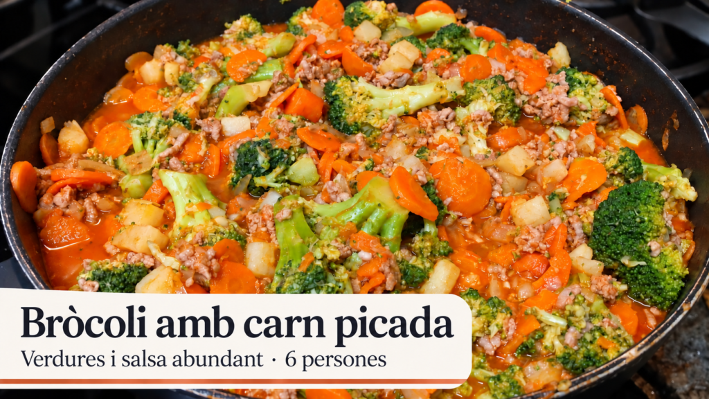 Bròcoli amb pastanaga, patata i carn picada amb salsa de tomàquet