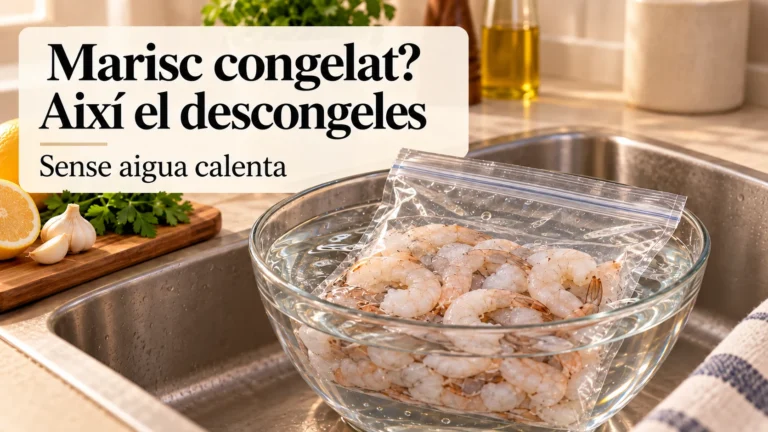 Gambes crues dins d’una bossa hermètica tancada en un recipient amb aigua freda; text sobre descongelar sense aigua calenta.