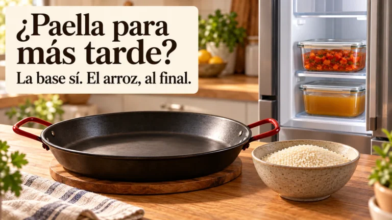 Paellera vacía y arroz crudo junto a una nevera con recipientes cerrados de sofrito y caldo; texto: ¿Paella para más tarde? La base sí. El arroz, al final.