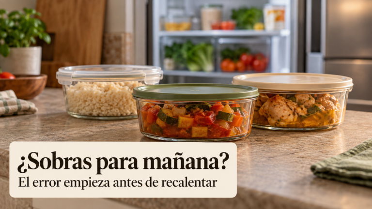Recipientes cerrados con arroz, verduras y pollo con salsa delante de una nevera